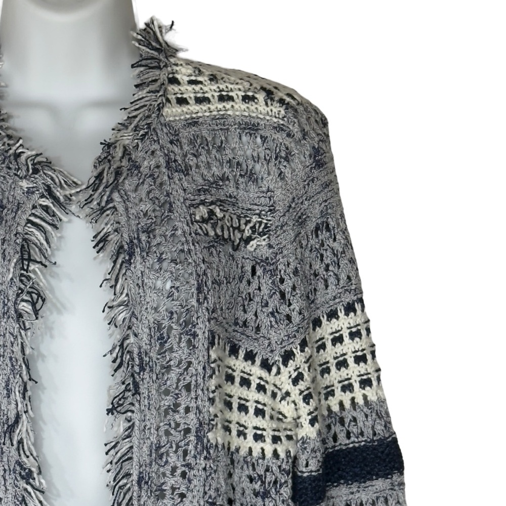 Chicos Blue White Textured Knit Fringe Boho Cottagecore Cardigan Small - Picture 6 of 13